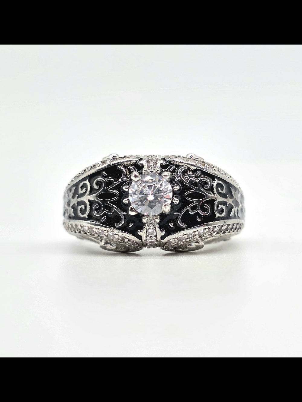 Vintage-Style Silver Black Filigree Ring with Center Crystal